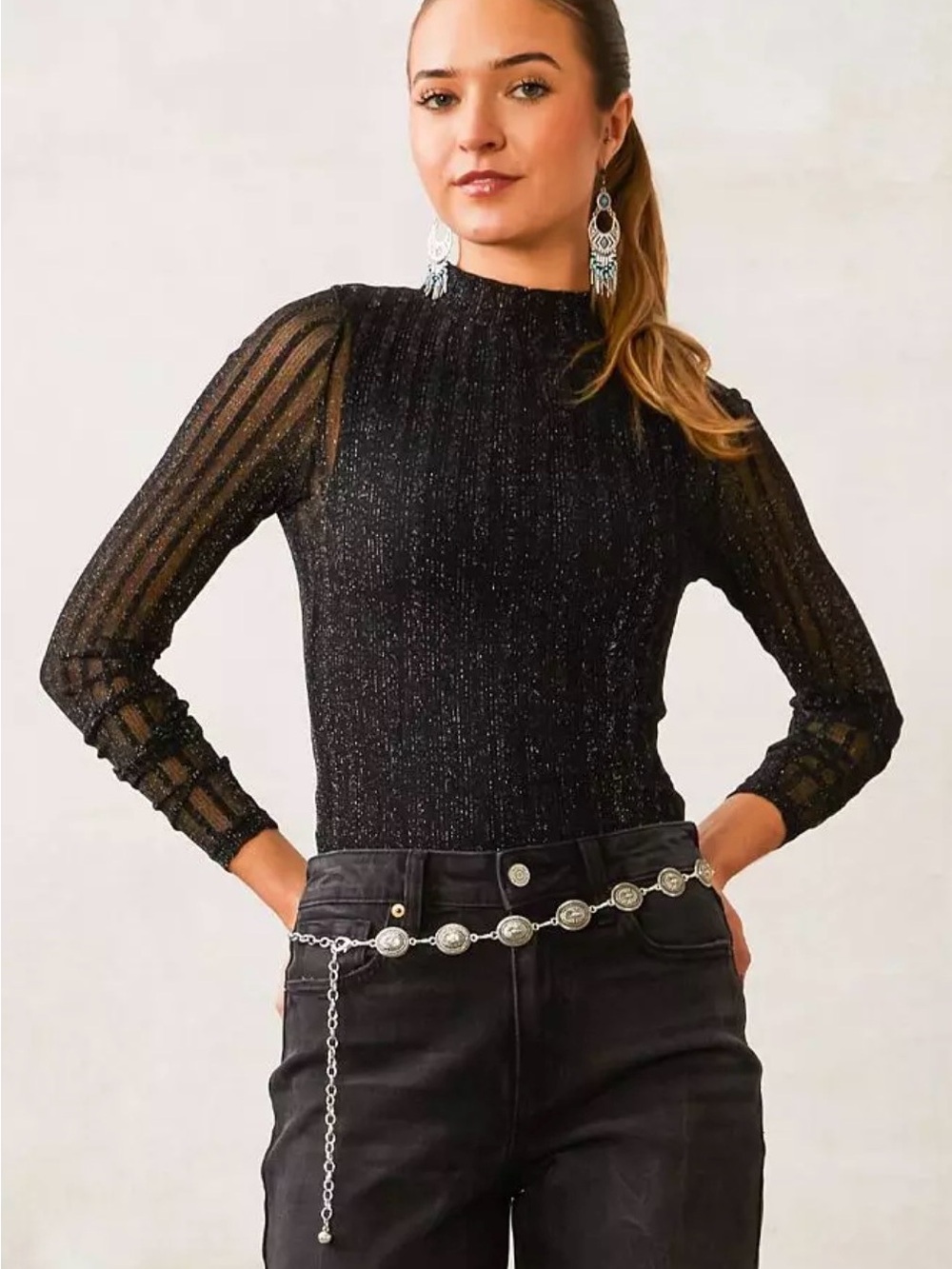 Willow & Wood Linear Lurex Mesh Sheer Black Sparkle Mock-Neck Long Sleeve Top M